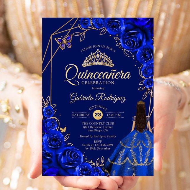 Quinceanera Royal Blue Gold Dress Floral Invitation (Creator Uploaded)