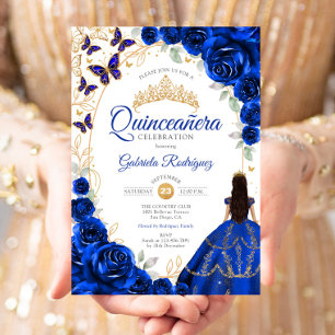 Quinceanera Royal Blue Gold Floral Invitation