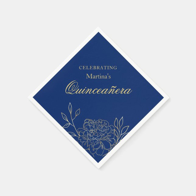 Quinceanera Royal Blue Gold Flowers 15th Birthday Napkin (Corner)