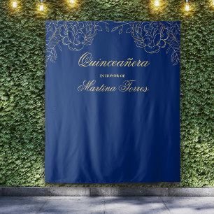 Quinceanera Royal Blue Gold Photo Booth Backdrop Tapestry