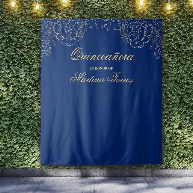 Quinceanera Royal Blue Gold Photo Booth Backdrop Tapestry (Creator Uploaded)