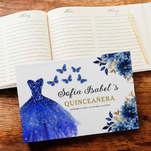 Quinceañera Royal Blue Gold Princess Butterflies Guest Book