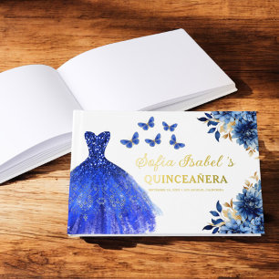Quinceañera Royal Blue Gold Princess Butterflies Guest Book