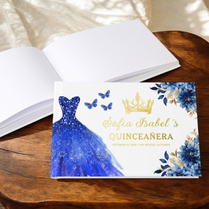 Quinceañera Royal Blue Gold Princess Butterflies Guest Book