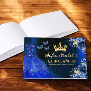 Quinceañera Royal Blue Gold Princess Butterflies Guest Book