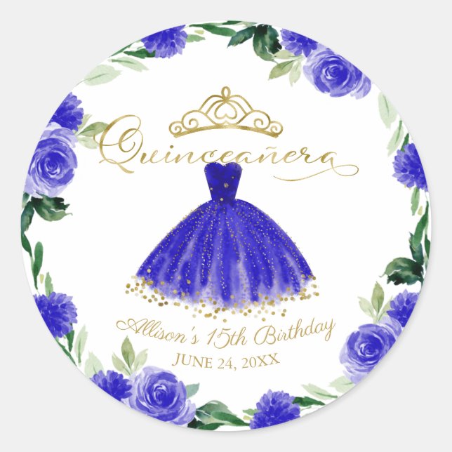 Quinceanera Royal Blue Gown Floral Classic Round Sticker (Front)