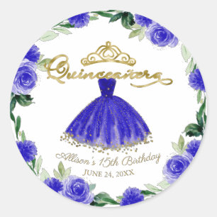 Quinceanera Royal Blue Gown Floral Classic Round Sticker