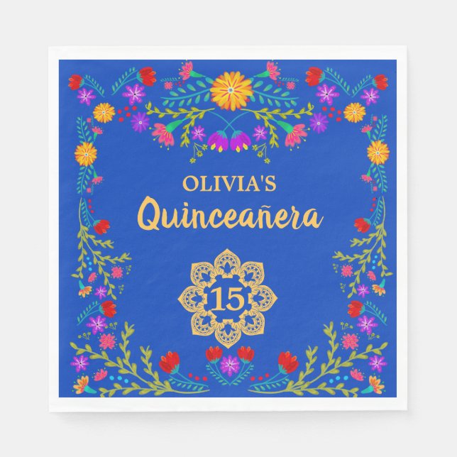 Quinceanera Royal Blue Mexican Fiesta Birthday Napkin (Front)