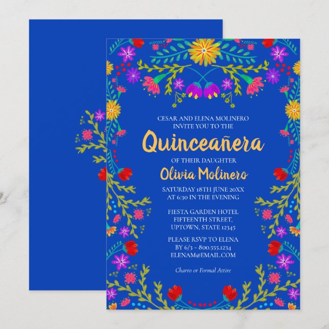 Quinceanera Royal Blue Mexican Flowers Birthday Invitation (Front/Back)