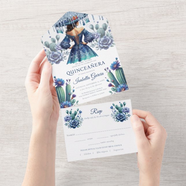 Quinceañera Royal Blue Mexican Style rsvp All In One Invitation (Tearaway)