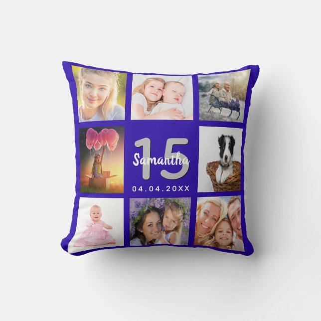 Quinceanera royal blue photo collage name cushion (Front)