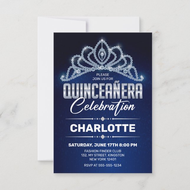 Quinceanera Royal Blue Princesse Diamond Crown Invitation (Front)