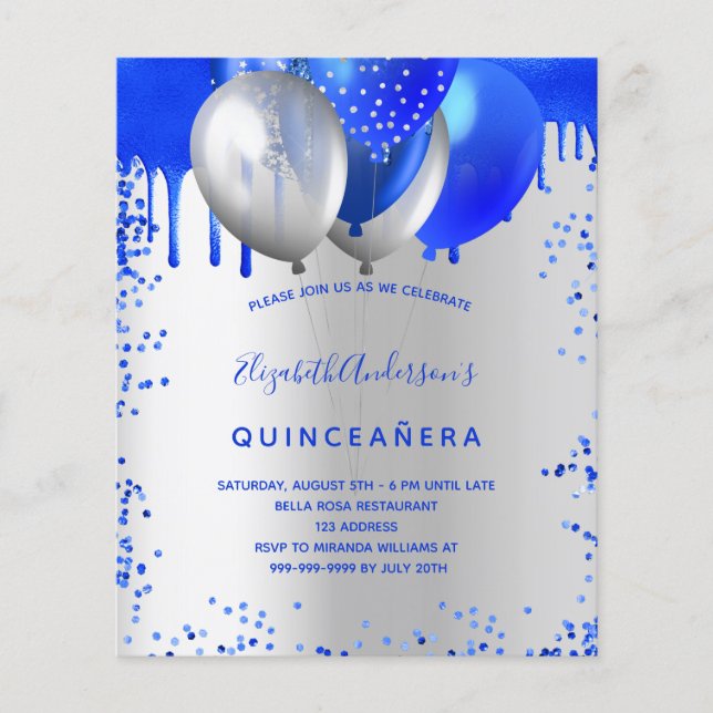 Quinceanera royal blue silver budget invitation flyer (Front)