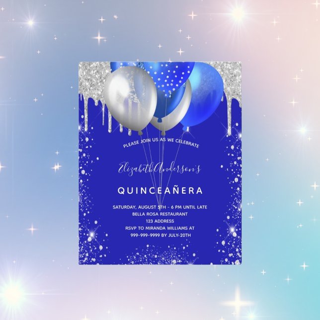 Quinceanera royal blue silver budget invitation flyer (Creator Uploaded)