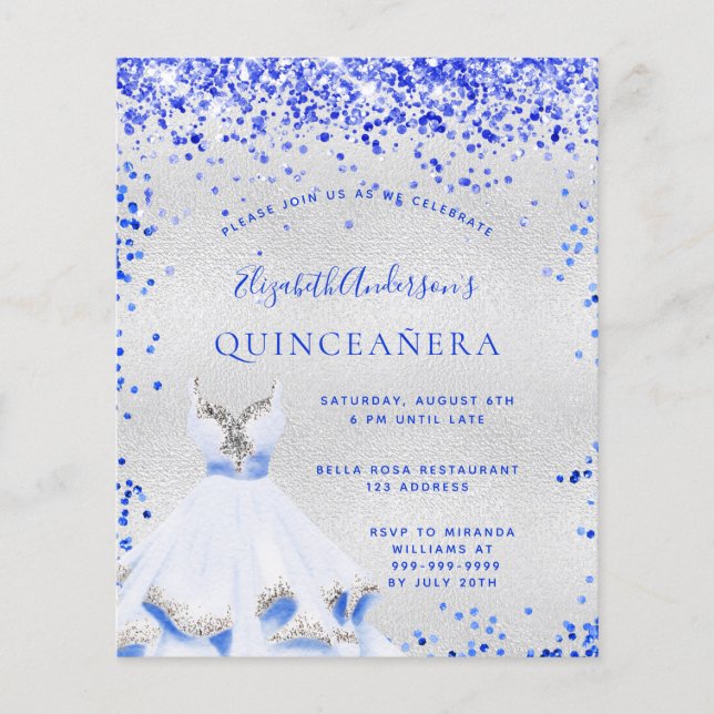 Quinceanera royal blue silver budget invitation flyer (Front)