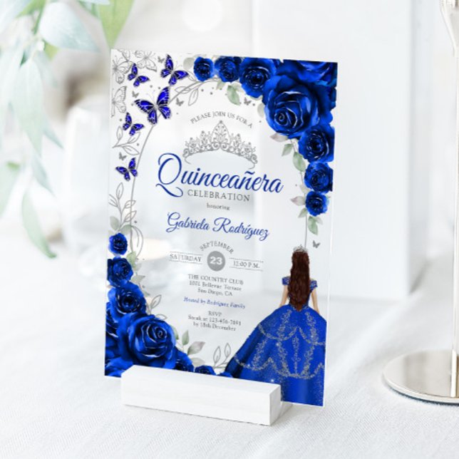 Quinceanera Royal Blue Silver Floral Acrylic Invitations (Creator Uploaded)
