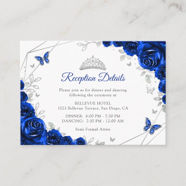 Quinceanera Royal Blue Silver Floral Details Enclosure Card (Front)