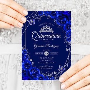 Quinceanera Royal Blue Silver Floral Invitation