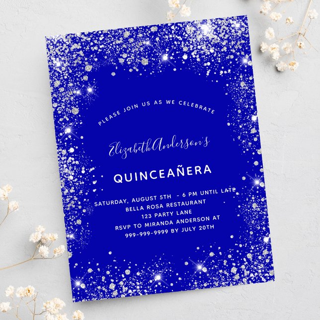 Quinceanera royal blue silver glitter dust glam invitation postcard (Creator Uploaded)