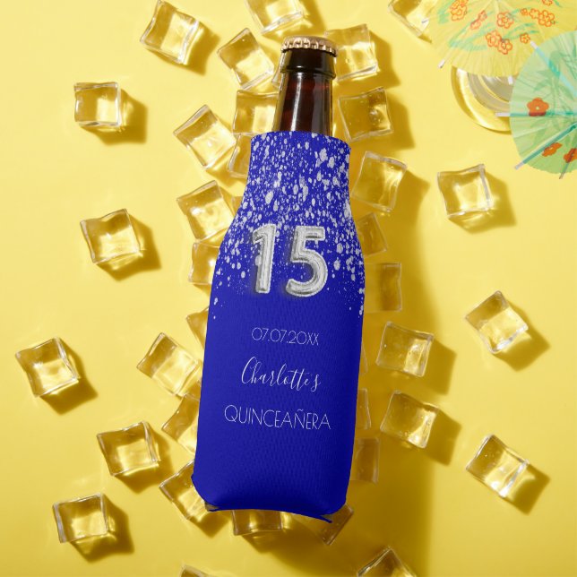 Quinceanera royal blue silver glitter dust name bottle cooler (In Situ Summer)