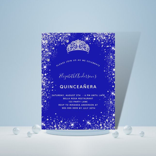 Quinceanera royal blue silver glitter dust tiara invitation postcard (Creator Uploaded)