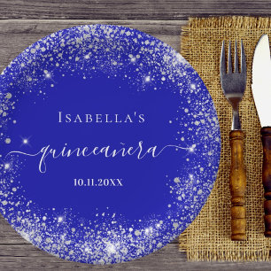 Quinceanera royal blue silver glitter monogram paper plate