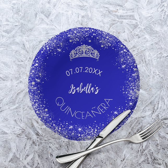 Quinceanera royal blue silver glitter name paper plate (Creator Uploaded)