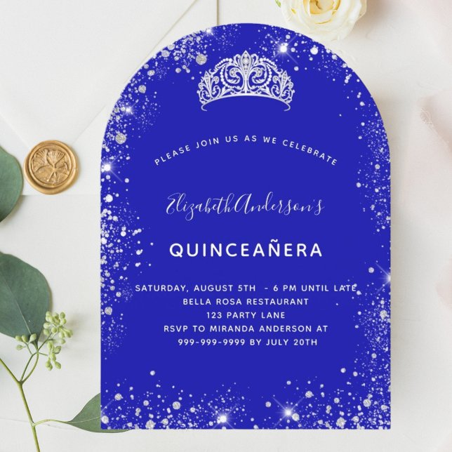Quinceanera royal blue silver glitter tiara arch invitation (Creator Uploaded)