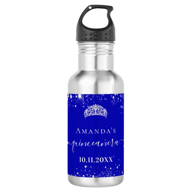 Quinceanera royal blue silver glitter tiara name 532 ml water bottle (Front)