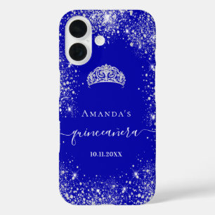 Quinceanera royal blue silver glitter tiara name iPhone 16 case