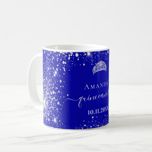 Quinceanera royal blue silver glitter tiara name coffee mug (Front Left)