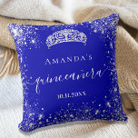 Quinceanera royal blue silver glitter tiara name cushion<br><div class="desc">For an elegant Quinceañera,  15th birthday.  A trendy royal blue background color. Decorated with faux silver glitter dust, a tiara crown. Personalize and add a name,  age and a date. Quinceañera is written with a modern hand lettered style script with swashes.</div>