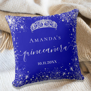 Quinceanera royal blue silver glitter tiara name cushion