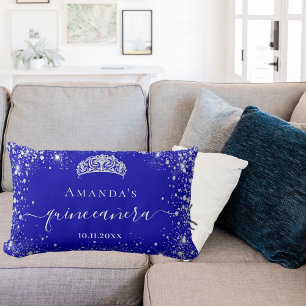 Quinceanera royal blue silver glitter tiara name lumbar cushion