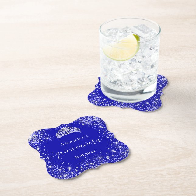 Quinceanera royal blue silver glitter tiara name paper coaster (Insitu)