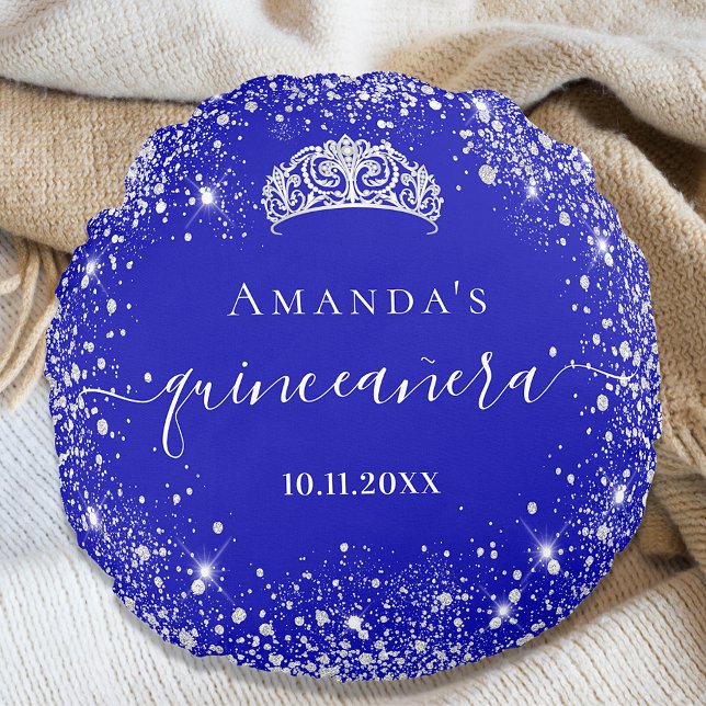 Quinceanera royal blue silver glitter tiara name round cushion (Creator Uploaded)