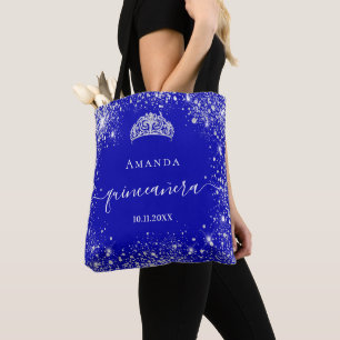 Quinceanera royal blue silver glitter tiara name tote bag