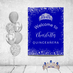 Quinceanera royal blue silver glitter welcome poster