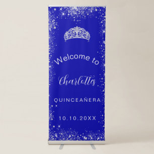 Quinceanera royal blue silver glitter welcome retractable banner