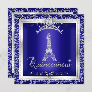 Quinceanera Royal Blue Silver Tiara Eiffel Tower 2 Invitation