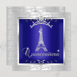 Quinceanera Royal Blue Silver Tiara Eiffel Tower Invitation