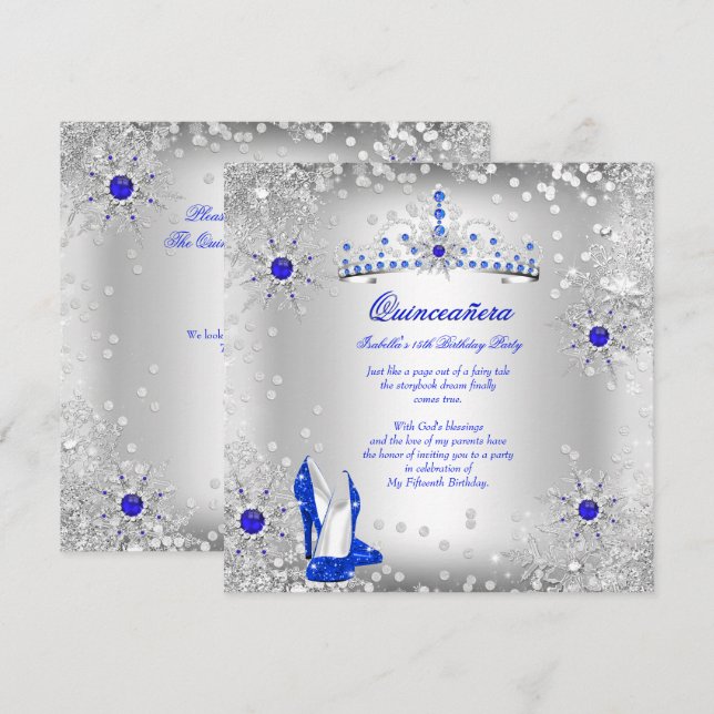 Quinceanera Royal Blue Silver Winter Wonderland Invitation (Front/Back)