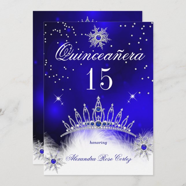 Quinceanera Royal Blue Snowflake 15th Birthday Invitation (Front/Back)