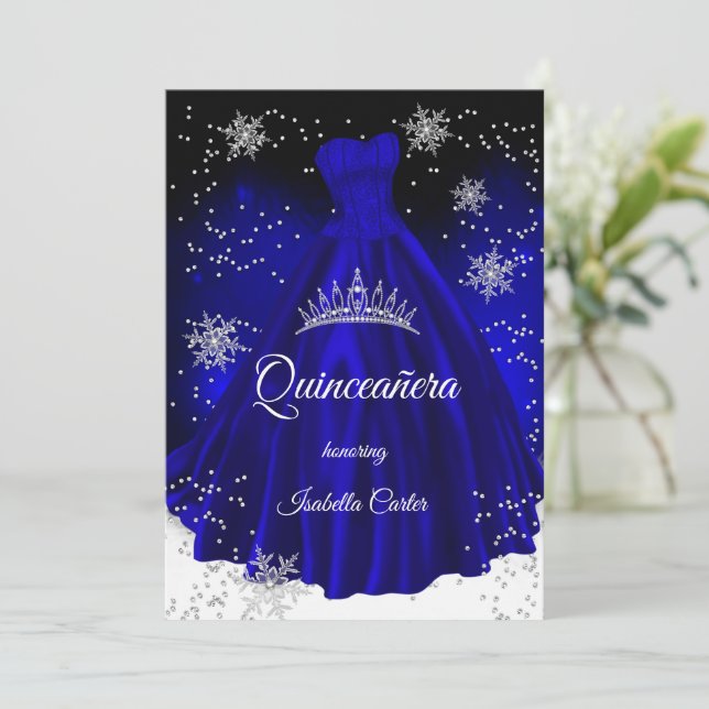 Quinceanera Royal blue snowflake Silver Dress Invitation (Standing Front)
