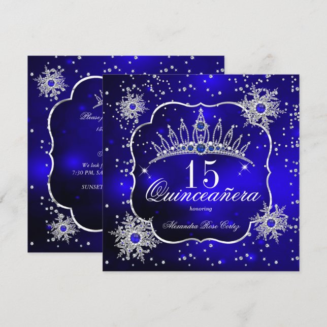 Quinceanera Royal Blue Snowflake Tiara 15th Party Invitation (Front/Back)