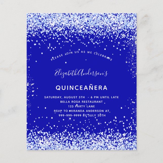 Quinceanera royal blue white budget invitation flyer (Front)