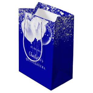 Quinceanera royal blue white glitter balloons name medium gift bag