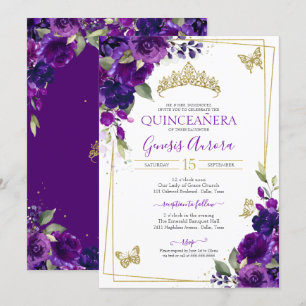 Quinceañera Royal Purple Floral Butterfly Invitation