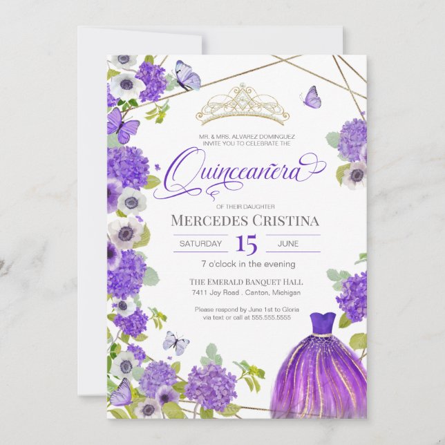 Quinceañera Royal Purple Garden butterfly Tiara  Invitation (Front)