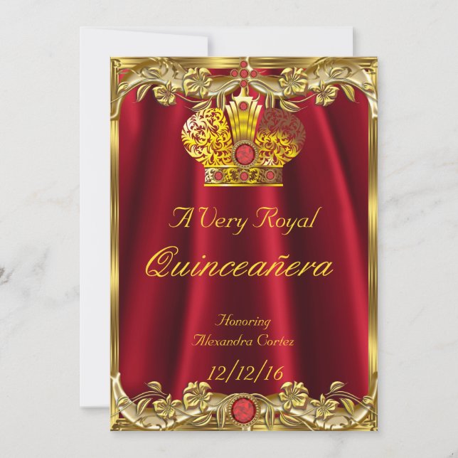 Quinceanera Royal Red Gem Gold Princess Crown 2 Invitation (Front)